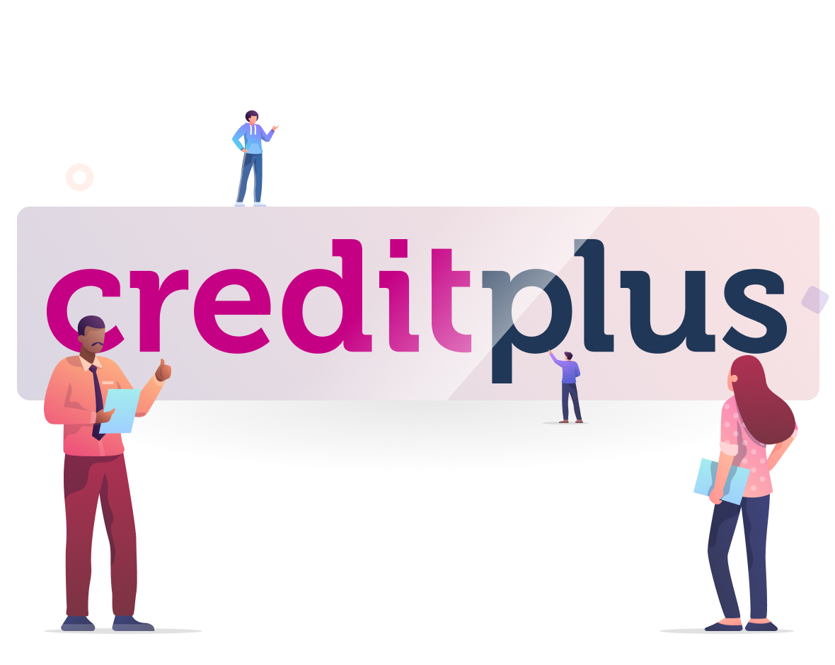 A colourful illustration showing a group of diverse people representing employees standing around the Creditplus logo