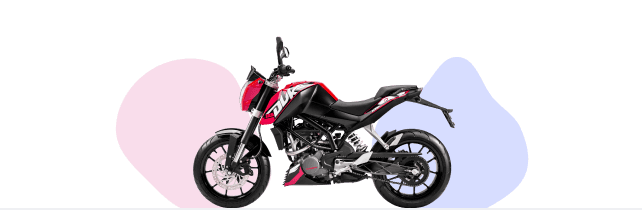 Side view of a red and black motorbike. The front 30% has a pink background, the middle 40% has a white background, the rear 30% has a blue background. This represents the different options of dividing a motorbike’s value through motorbike finance.