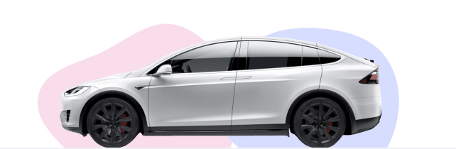 Side view of a white electric vehicle. The front 50% has a pink background, and the rear 50% has a blue background. This represents the different options of dividing an electric car’s value through electric vehicle finance.