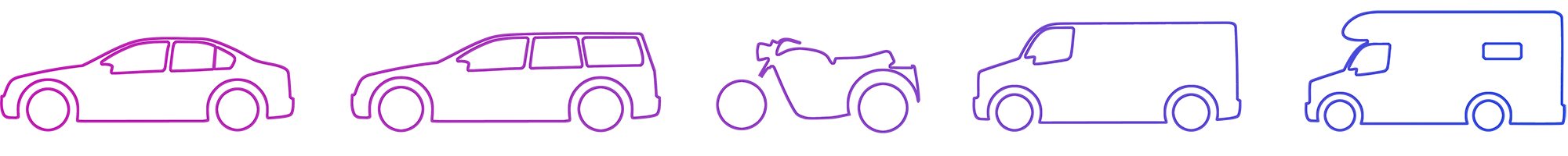 Banner graphic showing five outline illustrations of a sedan car, estate car, motorbike, van, and motorhome