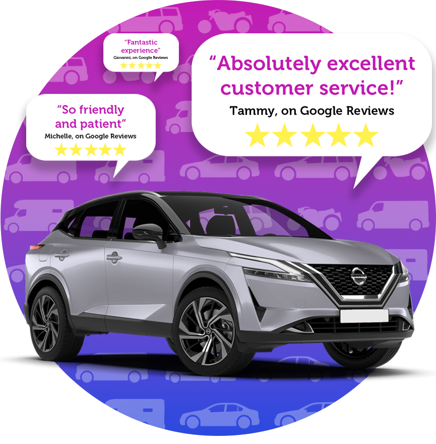 Modern car image surrounded with ballon comments containing latest review comments 