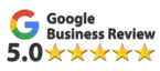 Google review image graphic showing 5 point zero and five gold stars