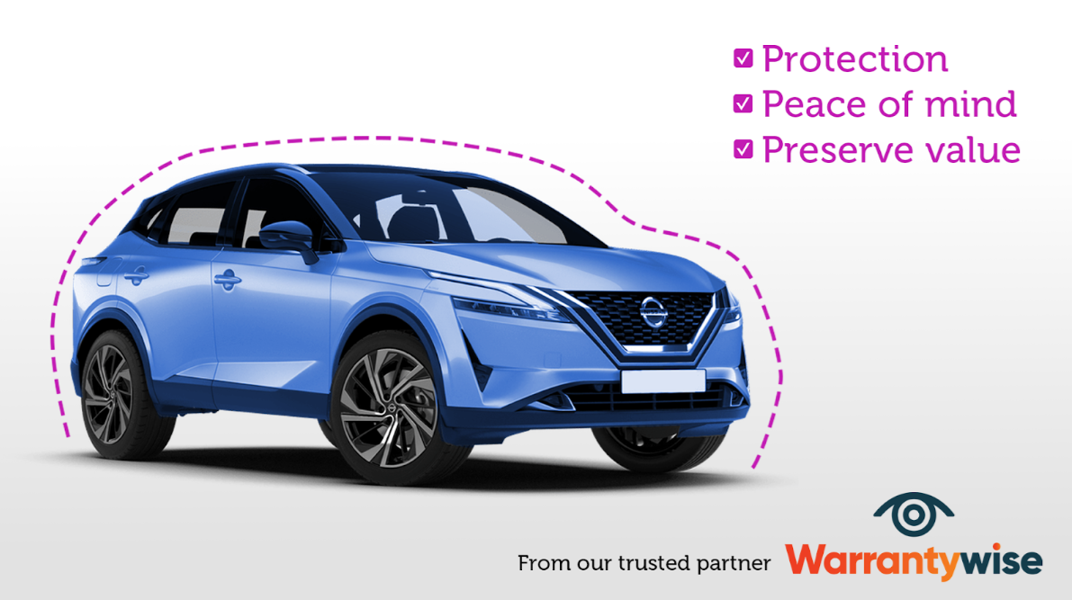A picture of a blue Nissan Qashqai surrounded by a dashed pink line. Text on the image reads “Protection, peace of mind, preserve value, from our trusted partner WarrantyWise