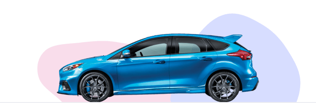 A side view of a blue sporty hatchback. The front half has a pink background, the rear half has a blue background, representing the divide between initial payment and monthly repayments. 