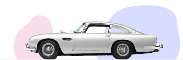 Side view of a silver classic car coupe. The front 30% has a pink background, the middle 40% has a white background, the rear 30% has a blue background. This represents the different options of dividing a classic car’s value through classic car finance.