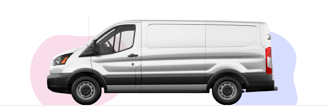 Side view of a silver medium-wheelbase van. The front 30% has a pink background, the middle 40% has a white background, the rear 30% has a blue background. This represents the different options of dividing a van’s value through vehicle finance.