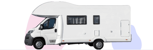 Side view of a white motorhome. The front 30% has a pink background, the middle 40% has a white background, the rear 30% has a blue background. This represents the different options of dividing a motorhome’s value through motorhome and campervan finance.