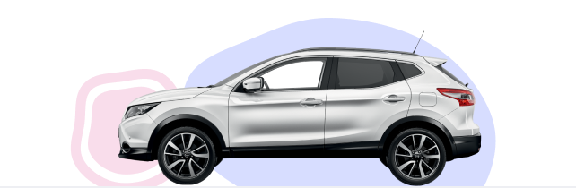 A side view of a silver crossover SUV car. The front quarter is on a pink background, the rear three quarters are on a blue background. This is to show how much is paid upfront and how much is paid across the rest of the Hire Purchase agreement.
