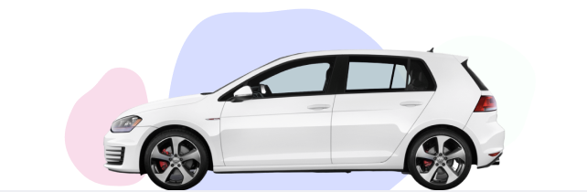 A side view of a white hatchback car. The front 10% has a pink background representing the initial deposit. The middle 70% of the car has a blue background, representing the payments across the length of the Personal Contract Purchase Agreement. The remaining 10% has no background, representing the three options you have at the end of a PCP deal.