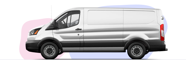 Side view of a silver medium-wheelbase van. The front 15% has a pink background, representing the initial payment. The remaining 85% has a blue background, representing the remaining monthly payments.